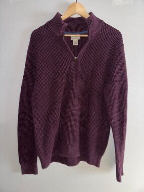 LL Bean Men's Organic Cotton Heavy Waffle Cable Knit KSweater Quarter Zip size L
